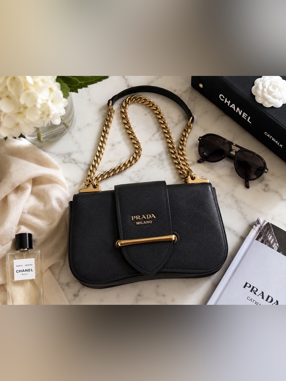 Prada Sidonie Black Saffiano Leather Shoulder Bag Gold Chain Made Italy